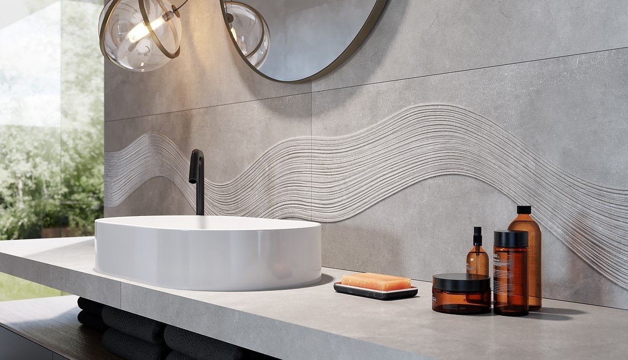 #Koupelna #beton #Moderní styl #šedá #Extra velký formát #Matný obklad #1500 a výše